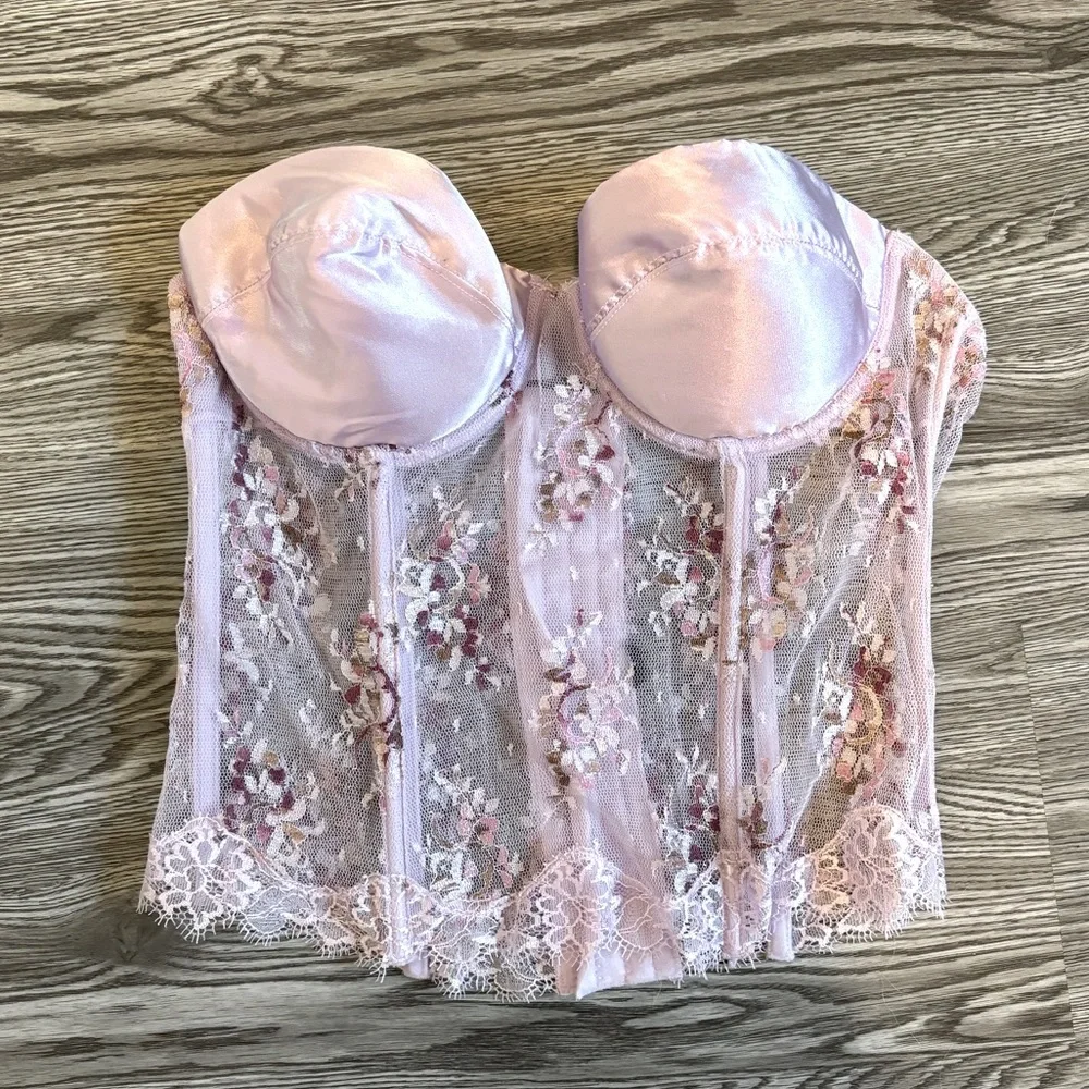 Lavender Purple Lace Floral Sheer Bustier Corset Strapless Top - Picture 1 of 2